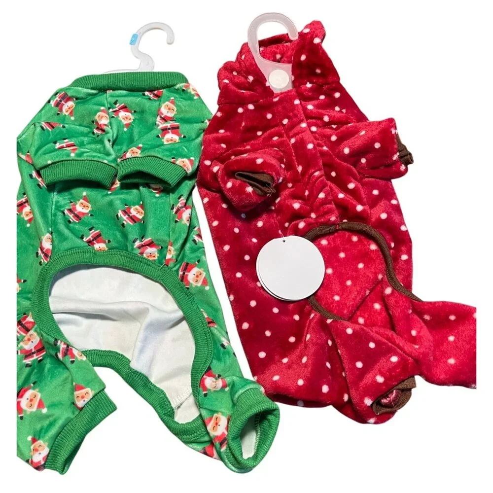 Santa & Reindeer Polka Dot Dog Pajamas 2-Pack Small Adorable Holiday Pet Outfit